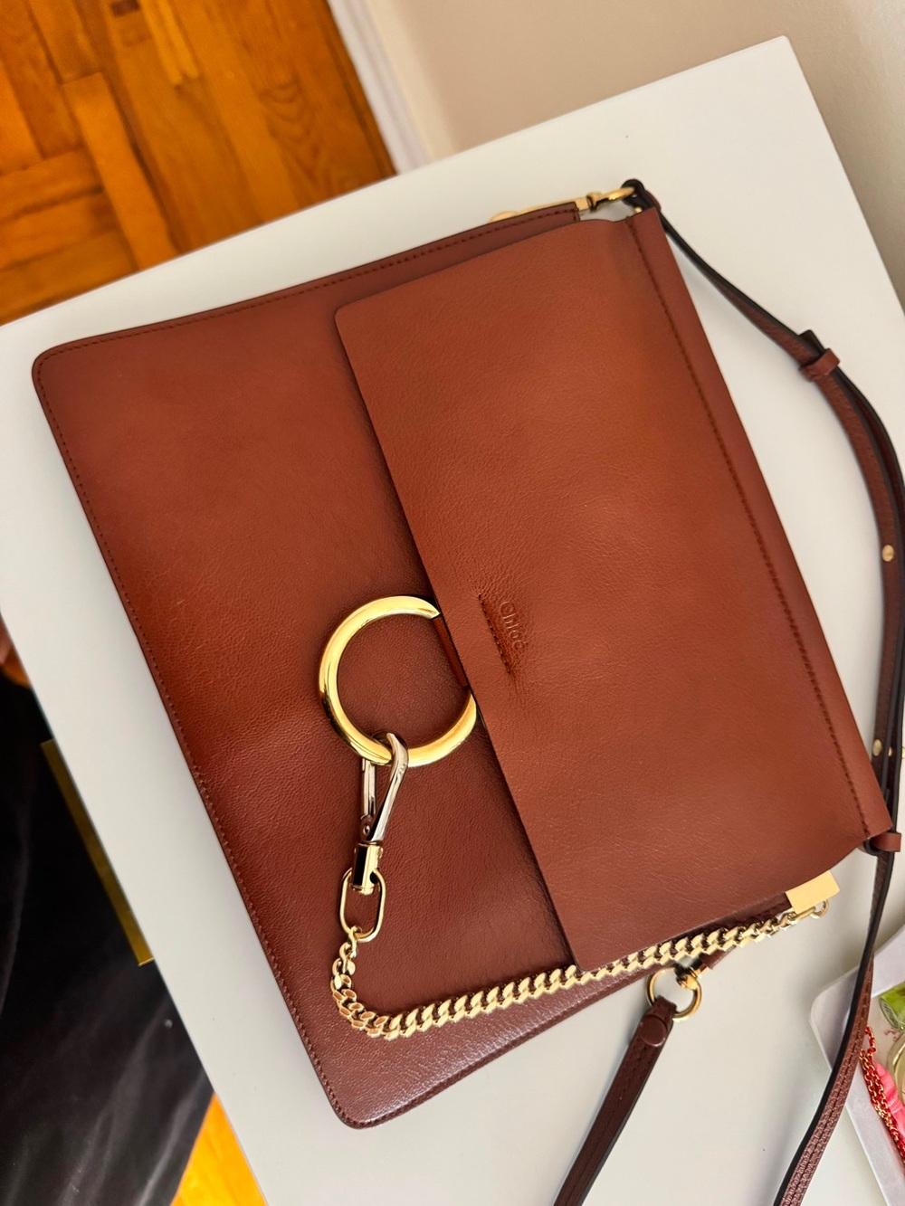 Chloe Brown Leather Shoulder Bag with Gold Ring Detail